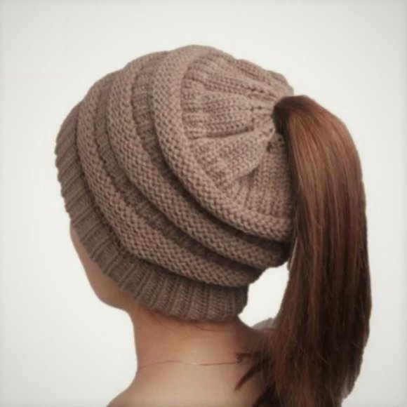 Accessories - Brown Knit Warm Solid Beige Ponytail Beanie Hat